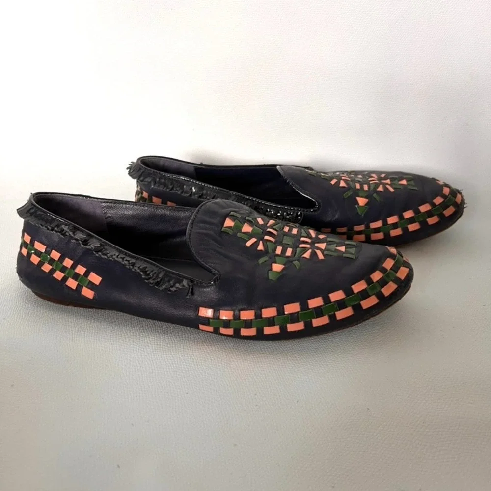Tory Burch Loafers Women 7.5 Navy Blue Leather Woven Geometric Fringe Flats